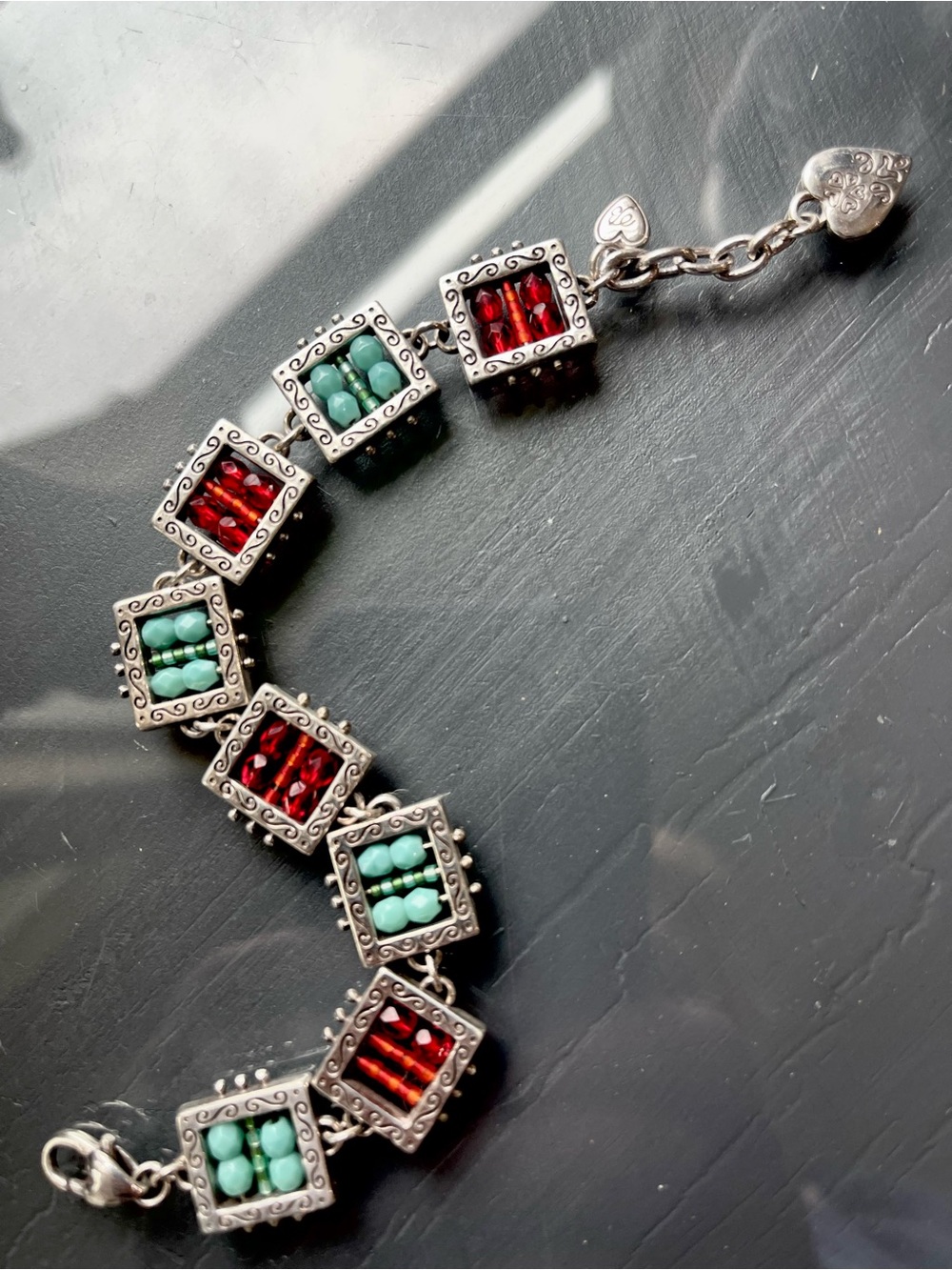 Brighton Beadazzled Silver Plated Etched Beaded Open Square Link Bracelet
